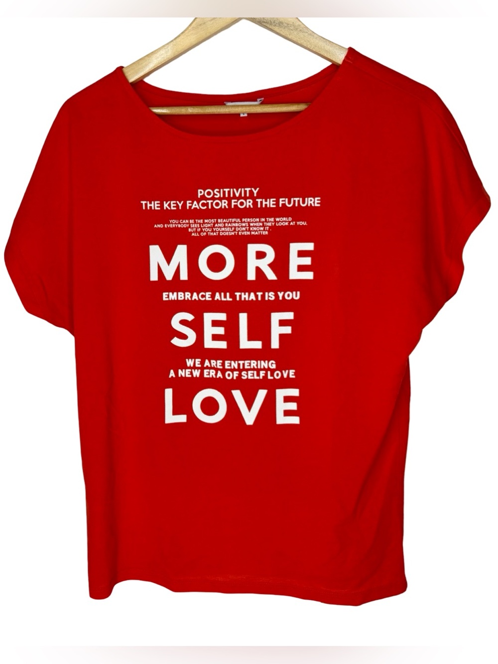 DISTRIKT NØRREBRO Women’s Red Graphic Tee - MORE SELF LOVE small